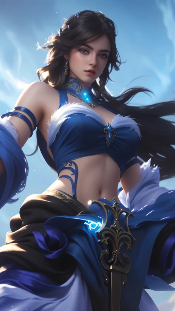 a close up of a woman in a beautiful blue dress, holding a glowing magical sword, intricate detailed face, piercing eyes, lush flowing hair, detailed ornate jewelry, dramatic lighting, fantasy, digital painting, highly detailed, cinematic, masterpiece, 8k, photorealistic