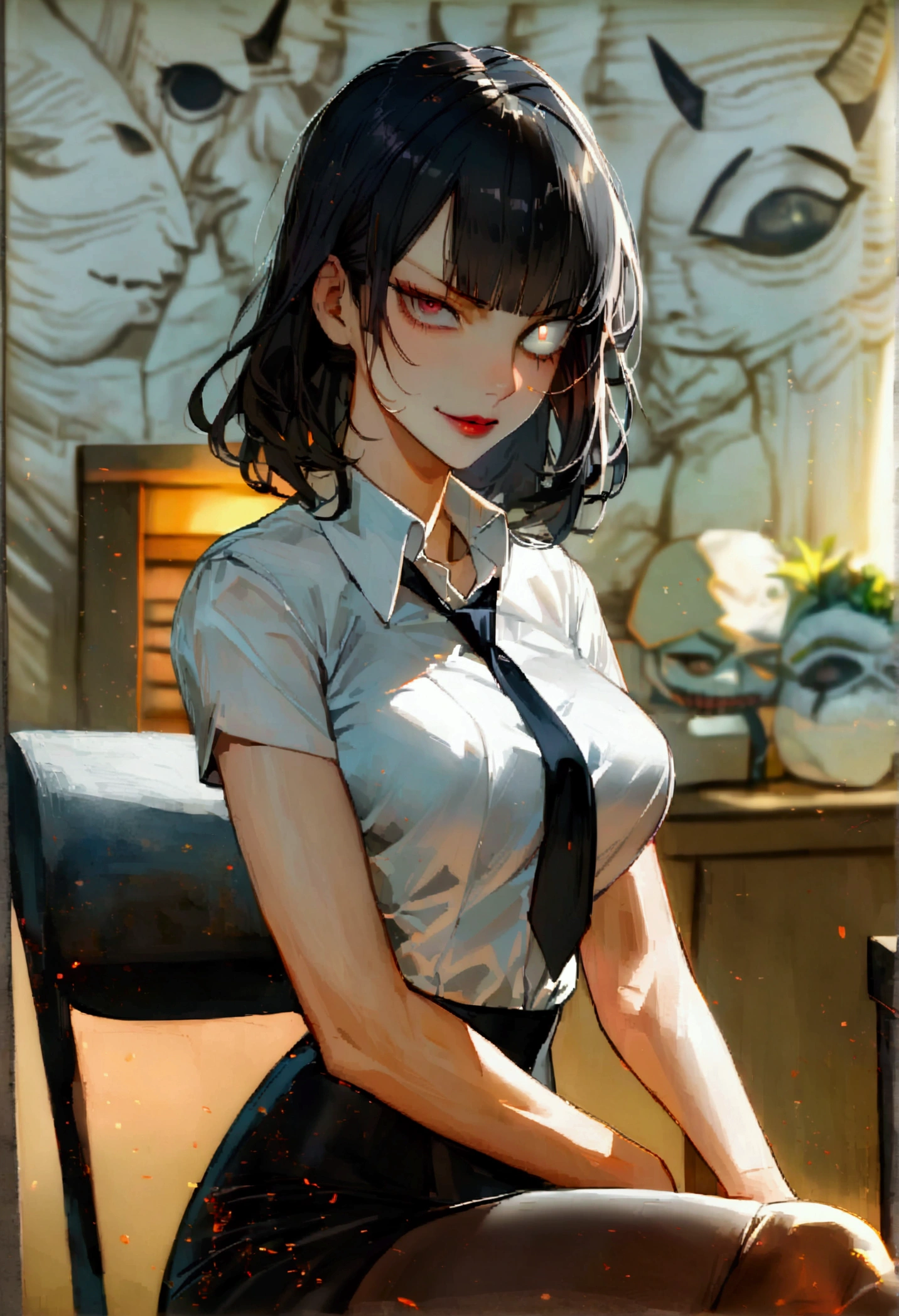 juri han, work of art, tight white secretary shirt with black tie, black high waist skirt, short skirt,stocking, black hair, black tights,evil smile,office,franja nos olhos,lighting,chifre de cabelos