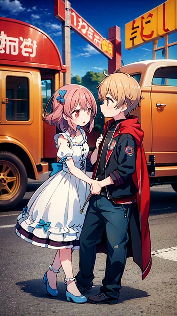 ((Highest quality)), ((masterpiece)), (detailed), Lovers standing in front of a small wagon-type car, such as a Volkswagen、2 people、Boy and Girl、drive、Vision、Side Angle
