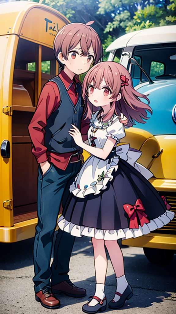 ((Highest quality)), ((masterpiece)), (detailed), Lovers standing in front of a small wagon-type car, such as a Volkswagen、2 people、Boy and Girl、drive、Vision、Side Angle
