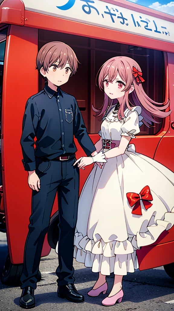 ((Highest quality)), ((masterpiece)), (detailed), Lovers standing in front of a small wagon-type car, such as a Volkswagen、2 people、Boy and Girl、drive、Vision、Side Angle