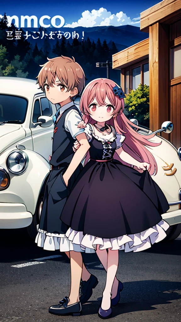 ((Highest quality)), ((masterpiece)), (detailed), Lovers standing in front of a small wagon-type car, such as a Volkswagen、2 people、Boy and Girl、drive、Vision、Side Angle
