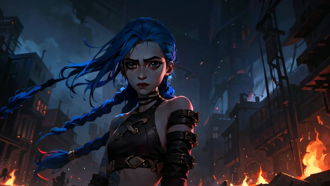 (masterpiece, Best quality), 1 girl, portrait very detailed face,, very sexy, crazy look, smile, crying, pink tears, tears on the cheeks, tears from eyes, full length (full body 1.1.), очень feminine, fighting stance, battle, fire, explosions, burning city, Beautiful waist, gloomy composition, flame, fire, Flash, very beautiful, feminine, long hair, hair braided in long braids, very sexy, tight leather pants, emphasis on the eyes, emphasis on the face, Beautiful face, Hands, Hair, Haired ponytail, red purple eyes, Джинкс crying, Blue cloud tattoo, (masterpiece, Best quality), Side lighting, beautiful detailed eyes, crazy face), (Best quality), (masterpiece), magic photography, Spectacular lighting, Photorealism, ultra detailed, intimate portrait composition, 1. 4,8 k UHD, aesthetic, Cd., A high resolution, 8 k, better lighting, Best shade, Ultra-HD, A high resolution, sharp focus, Complex background, Cinematic lighting, ((Landscape view)), 4K block, (better lighting), ((Cinematic lighting)),