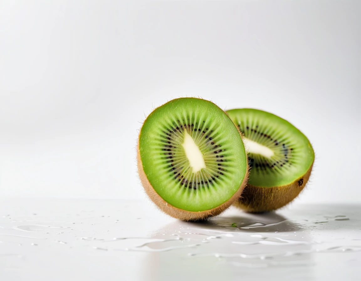 Kiwi fruit cut in half is placed on the side, on a white background, white abstract background, kiwi fruit theme on the side of the background, to be used as a striped banner banner