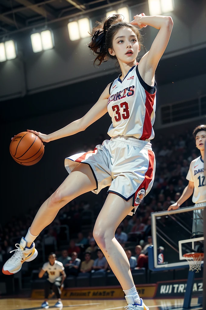 (((best quality))), (((ultra detailed))), (((masterpiece))), illustration, ((1girl,female basketball player,solo)),(slam dunk:1.3),(dunking in the air:1.3), intensity, determined expression, flushed face, perspiration, almond-shaped eyes, mesh jersey, team name and number, form-fitting shorts, athletic build, high-top basketball shoes, indoor basketball gym, well-lit, wooden floor, scoreboard, spectators, stands, action, impact, ball through the hoop, victory, achievement, dedication, skill,(basketball:1.3)