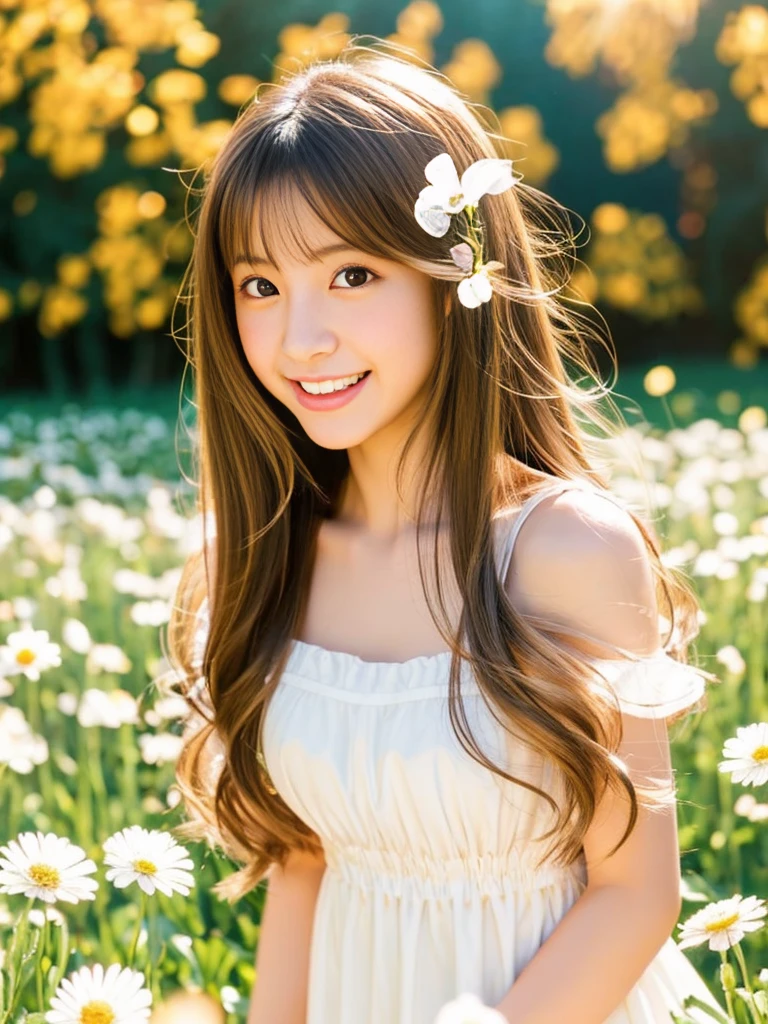 Beautiful and shy Japanese girl, Age 20 years old, Light honey-colored long hair, Brown eyes, Glossy Lips, Shiny hair and shiny body, Wearing a shiny white baby doll dress, In the vast flower field, Light shines in, Ecstatic expression, Photo with blurred background