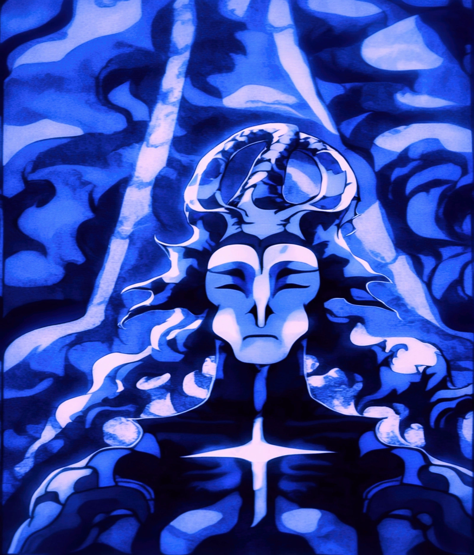a mask completely destroyed and fragmented, completely glued together and with a broken horn appeared from the forehead ,hollow mask, bleach anime