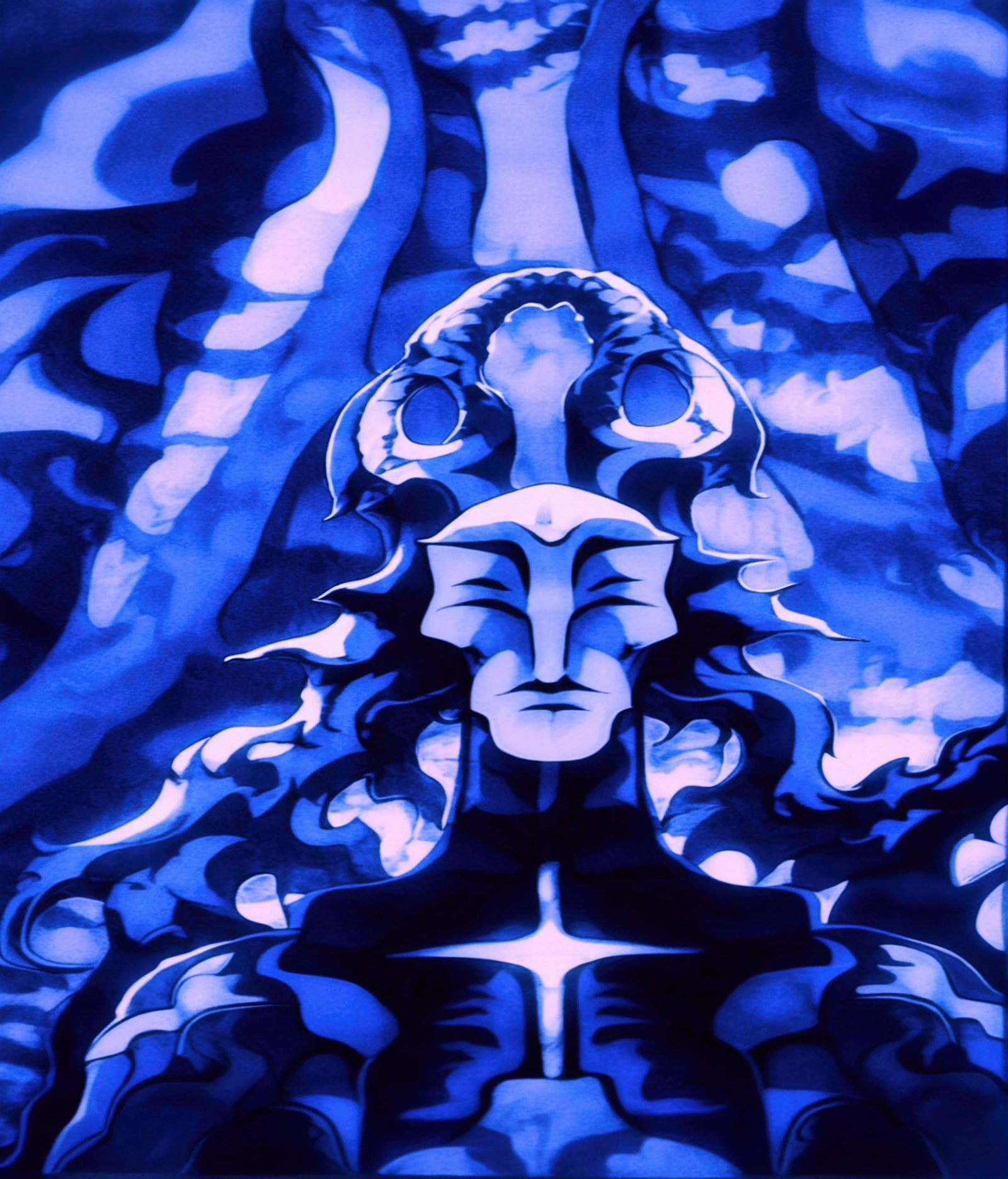 a mask completely destroyed and fragmented, completely glued together and with a broken horn appeared from the forehead ,hollow mask, bleach anime