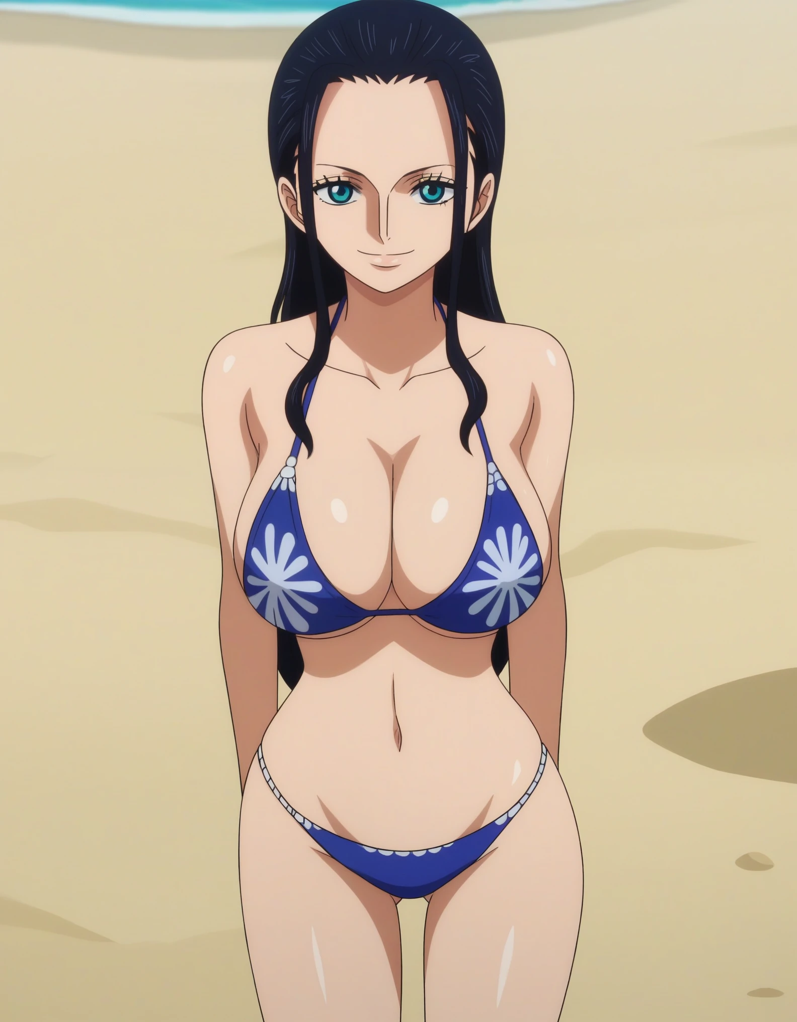 score_9, score_8_up, source_anime, anime screencap, one_piece_style, Nico Robin, black hair, long hair, blue eyes, large breasts, bikini, looking at viewer, smile, cleavage, from front, standing, looking at viewer, beach