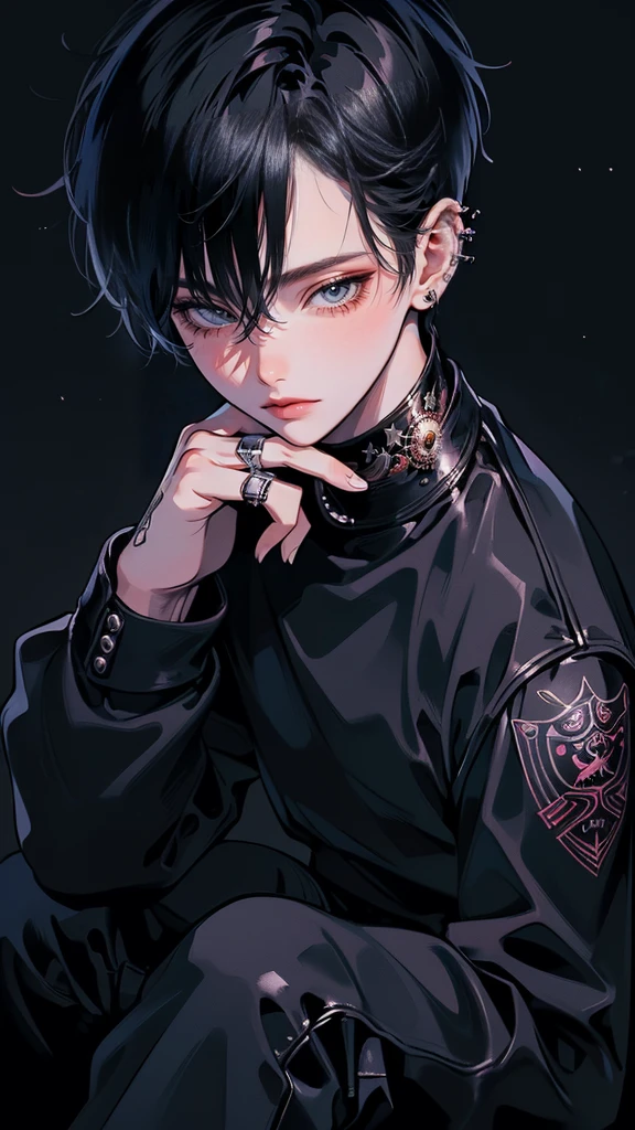(4K works))、masterpiece、(top-quality)、((Black cityscape background))、Korean Male、Adult male、((Adult 50 years old))、((Adult uncle type))、((Leather Jeans Style))、((Face similar to Hyunjin))、Cool Men、tall、((Wild features))、((Wild look))、((angry expressions))、((Long sleeve long trouser style))、((Smaller face))、Slim body、(((short-haired)))、((Shot alone))、((Solo Photography))、Professional Photos、((He is in front of the viewer))、((Upper body photography))、((Wear a lot of piercings))、((Piercing on the lips))、((Tongue piercing))、((Sick Boyine Boys))、((Lots of tattooine photo))、((sassy pose))