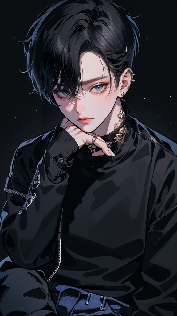 (4K works))、masterpiece、(top-quality)、((Black cityscape background))、Korean Male、Adult male、((Adult 50 years old))、((Adult uncle type))、((Leather Jeans Style))、((Face similar to Hyunjin))、Cool Men、tall、((Wild features))、((Wild look))、((angry expressions))、((Long sleeve long trouser style))、((Smaller face))、Slim body、(((short-haired)))、((Shot alone))、((Solo Photography))、Professional Photos、((He is in front of the viewer))、((Upper body photography))、((Wear a lot of piercings))、((Piercing on the lips))、((Tongue piercing))、((Sick Boyine Boys))、((Lots of tattooine photo))、((sassy pose))