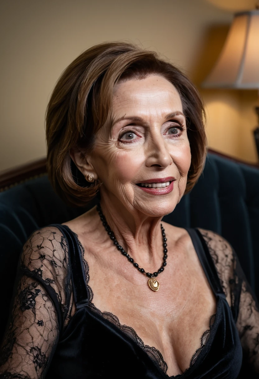 Nancy Pelosi, 73 year old woman, wrinkled skin, saggy breasts, black lace lingerie, sitting in velvet sofa,bokeh,f1.4,40mm,photorealistic,raw,8k,skin pores,dried-up,textured skin,intricate details,dramatic light,award winning,style by Dan Winters,RAW photography,film grain,(indistinguishable from reality:1.4),photo taken with a Bolex H16,captivating eyes,smiling,charming,striking features,character,thorough,