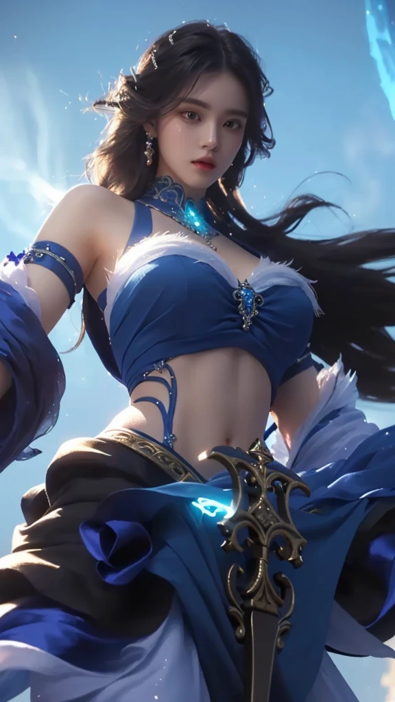 a close up of a woman in a beautiful blue dress, holding a glowing magical sword, intricate detailed face, piercing eyes, lush flowing hair, detailed ornate jewelry, dramatic lighting, fantasy, digital painting, highly detailed, cinematic, masterpiece, 8k, photorealistic