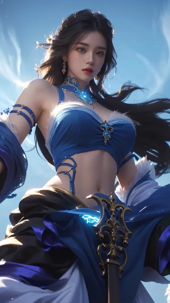 a close up of a woman in a beautiful blue dress, holding a glowing magical sword, intricate detailed face, piercing eyes, lush flowing hair, detailed ornate jewelry, dramatic lighting, fantasy, digital painting, highly detailed, cinematic, masterpiece, 8k, photorealistic