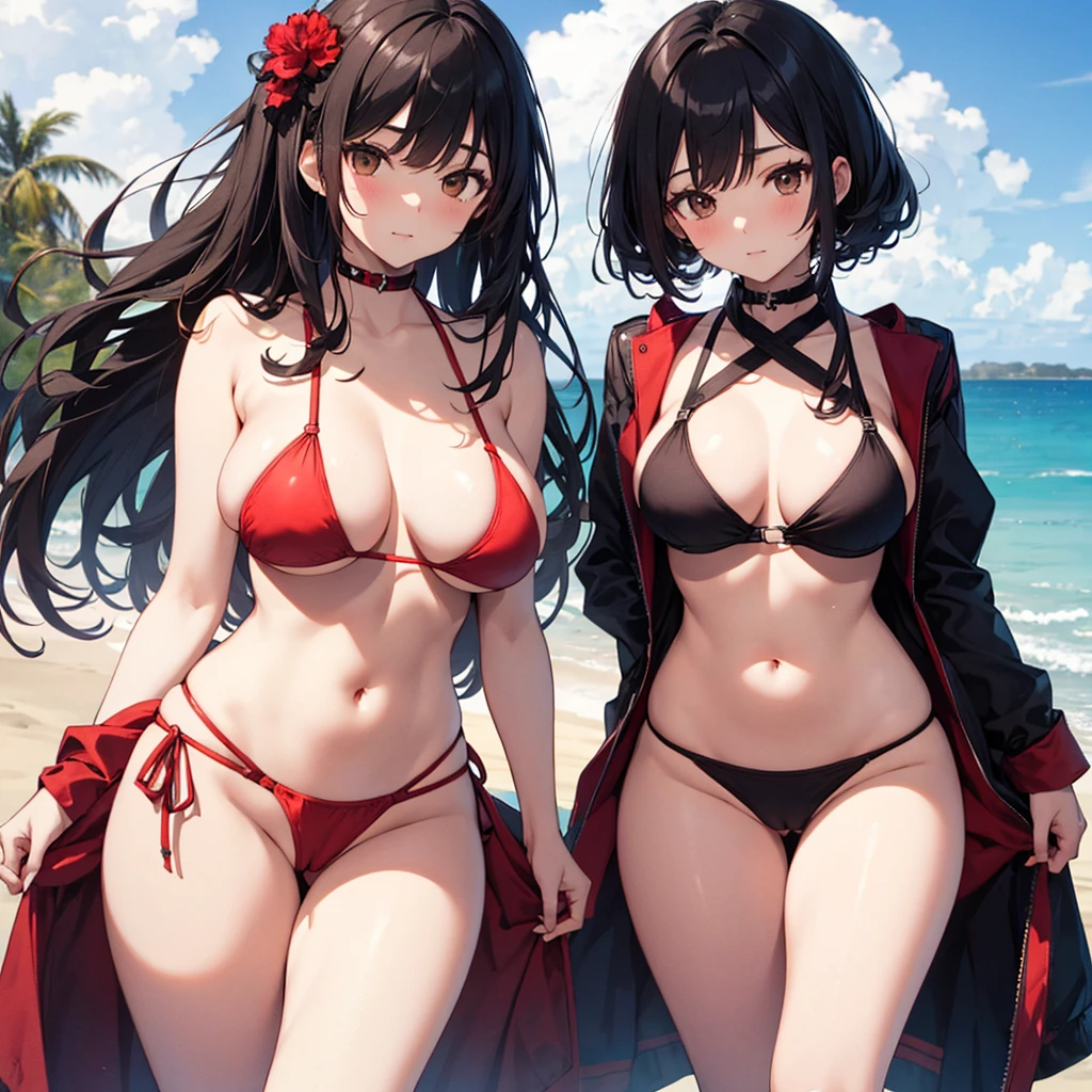 NSFW, (((Uncensored))), (((Clear picture))). high image quality, high resolution, 18 year old beautiful girl、shiny black hair、Hime cut、Brown eyes, dark eyebrows, J-cup huge breasts、172cm tall、tightened waist,、red bikini, sexy pose, Sandy Beach、Blue sky