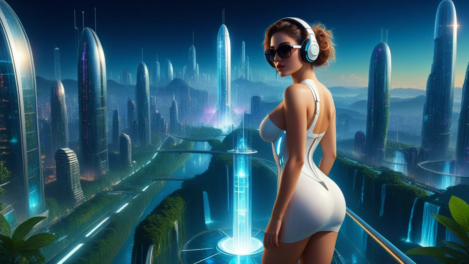 Futuristic floating city, huge high-tech tablet platform, airship, colorful lights, skyscrapper, transparent path, lush greenery, sky gardens, waterfalls, sparkling river, transparent dome, walkway, tower, very dark night, holographic display, aerial view. (((((1girl, solo, alone))))), large-breast:1.2 slim body, cleavage:1.1, sexy elegant long white dress, (headphone, black sunglasses), (((standing and holding pistol pose))), (((half-body thigh level medium shot))), cinematic lighting, lens flare, ray tracing.