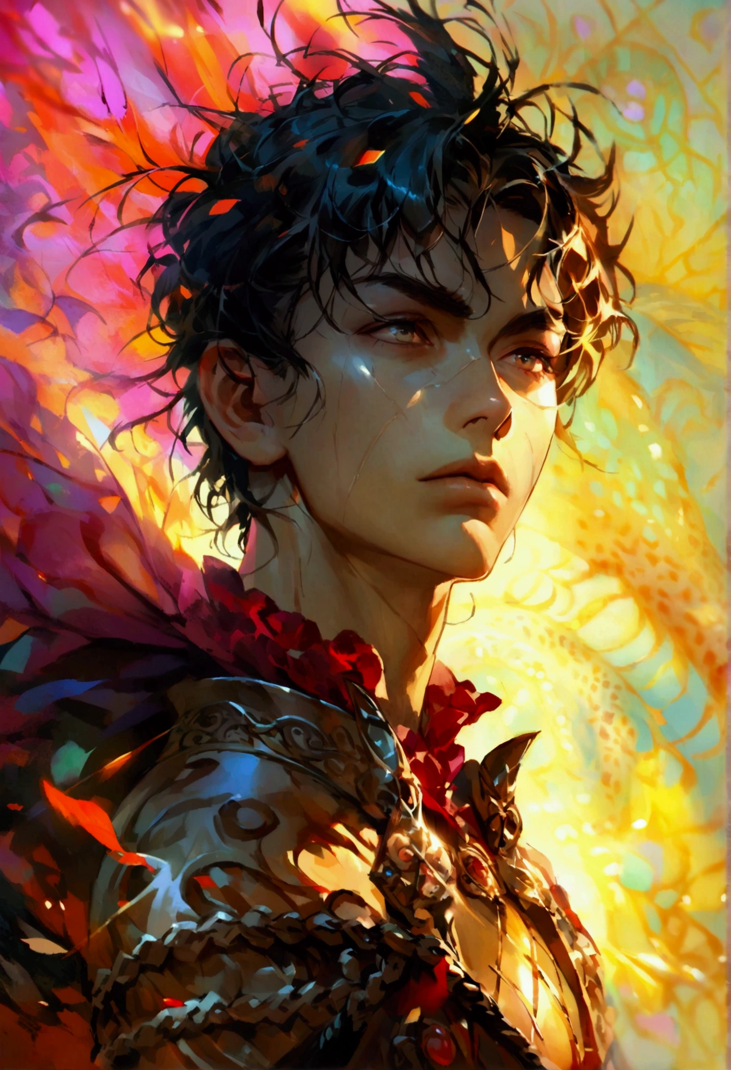The image depicts a brave young man facing a frightening-looking demon, with the strength of determination and courage reflected in his face. The young man is characterized by eyes that emanate determination and steadfastness, and he is ready to face the challenge with all strength and determination. Light and shadows harmonize in the image to highlight the details of the realistic representation of the scene, giving the image an atmosphere of tension and excitement while at the same time highlighting the beauty of the design and fine details in it.