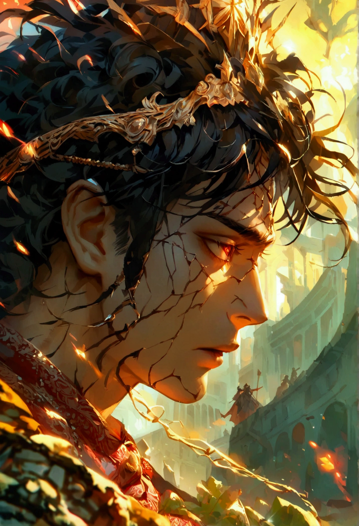 The image depicts a brave young man facing a frightening-looking demon, with the strength of determination and courage reflected in his face. The young man is characterized by eyes that emanate determination and steadfastness, and he is ready to face the challenge with all strength and determination. Light and shadows harmonize in the image to highlight the details of the realistic representation of the scene, giving the image an atmosphere of tension and excitement while at the same time highlighting the beauty of the design and fine details in it. 
