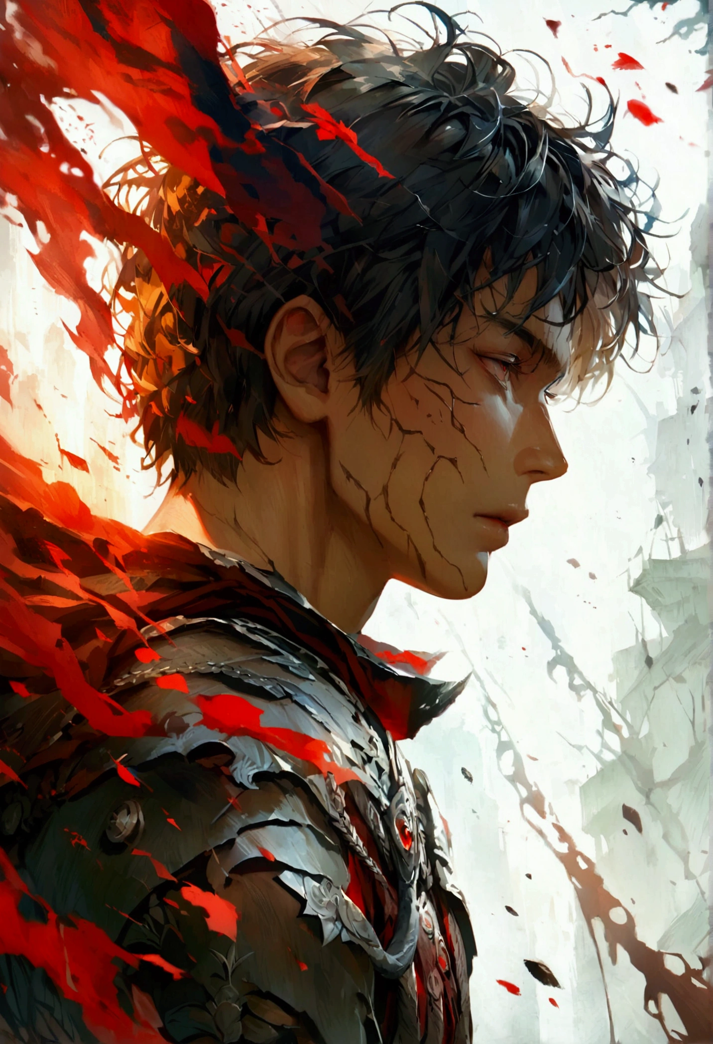 The image depicts a brave young man facing a frightening-looking demon, with the strength of determination and courage reflected in his face. The young man is characterized by eyes that emanate determination and steadfastness, and he is ready to face the challenge with all strength and determination. Light and shadows harmonize in the image to highlight the details of the realistic representation of the scene, giving the image an atmosphere of tension and excitement while at the same time highlighting the beauty of the design and fine details in it.