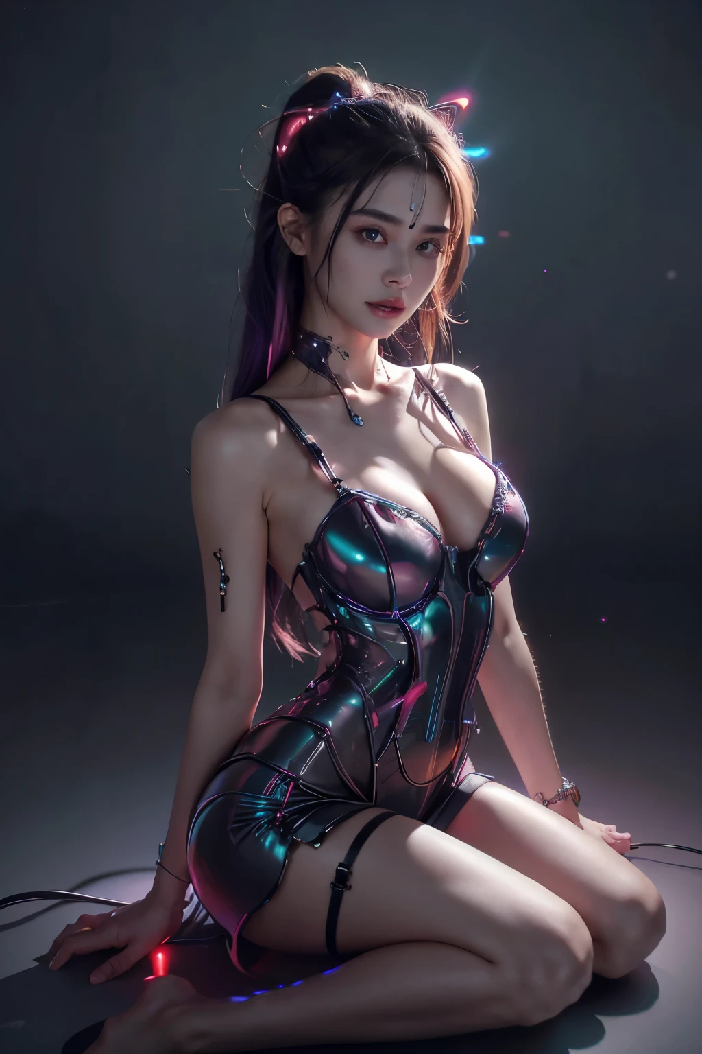 HighestQuality、A masterpice、UltraHighResolution、(photorealestic:1.4)、Raw photo、女の子1人、Black hair、glowy skin、1 Cyberpunk Girl、((hyper-realistic details))、portlate、Global Illumination、Shadow、Rendu octane、8K、ultrasharp、HugeBoobs、Raw skin is exposed in cleavage、metals、Details of complex ornaments、Sumerian details、high intricate details、Realistic light、CGSoation Trends、purple colored eyes、glowing eye、Facing the camera、neon detailechanical limbs、blood vessels connected to tubeechanical vertebrae attached to the back、mechanical cervical attaching to neck、sitting on、Wires and cables connecting to the head、Small LED lamps、Glowing tube、