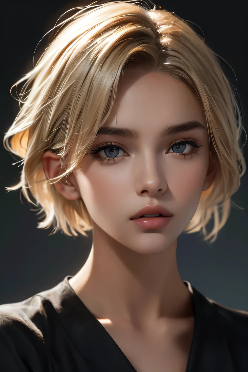 a 20 yo woman, (eyes on view), (half body), (full face), blonde, (messy short hair), dark theme, soothing tones, muted colors, high contrast, (natural skin texture, hyperrealism, soft light, sharp), grey background