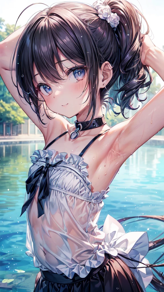 (Ultra-high resolution of the highest quality, masutepiece, Best Quality, 8K, Super Detail, Best Quality:1.3), (Anatomically correct:1.3), (1 ), (Child), (Loli), (inf, (Small body), (flat chest), (elementary school student), short black wavy hair, (white camisole), in Park Fountain, funny smile, (wet:1.6), (sexual aroused:1.6), (beautiful hair, beautiful eyes, beautiful face) (face focus, human ear focus, clavicle focus, armpit focus), (face shot:1.2), from side