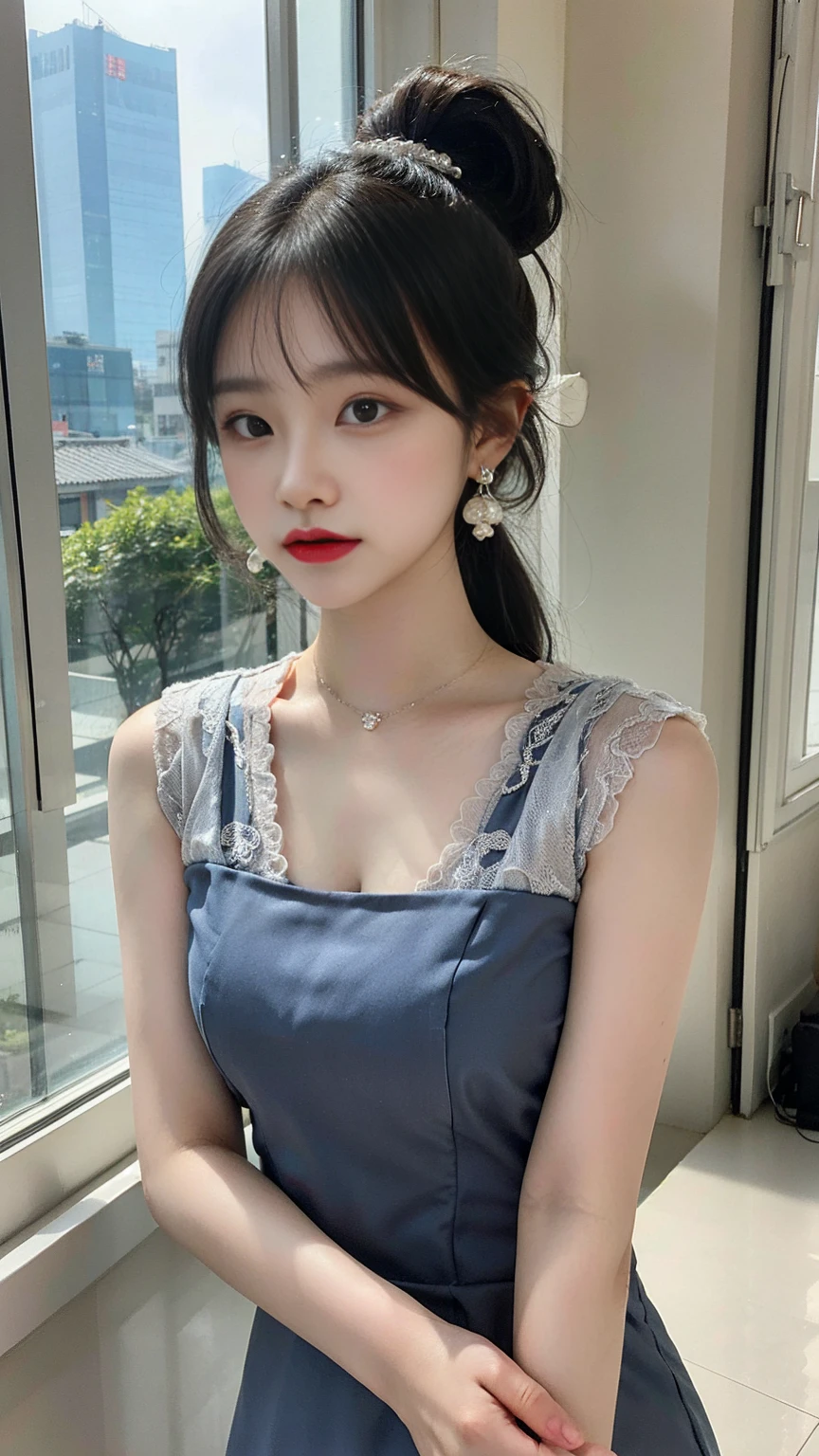 One girl,alone,ponytail,dress,Long Hair,Chinese clothing,Upper Body,Earrings,Gray Hair,jewelry,hair ornaments,View your viewers,china dress,blue dress,window,chest,Mouth closed