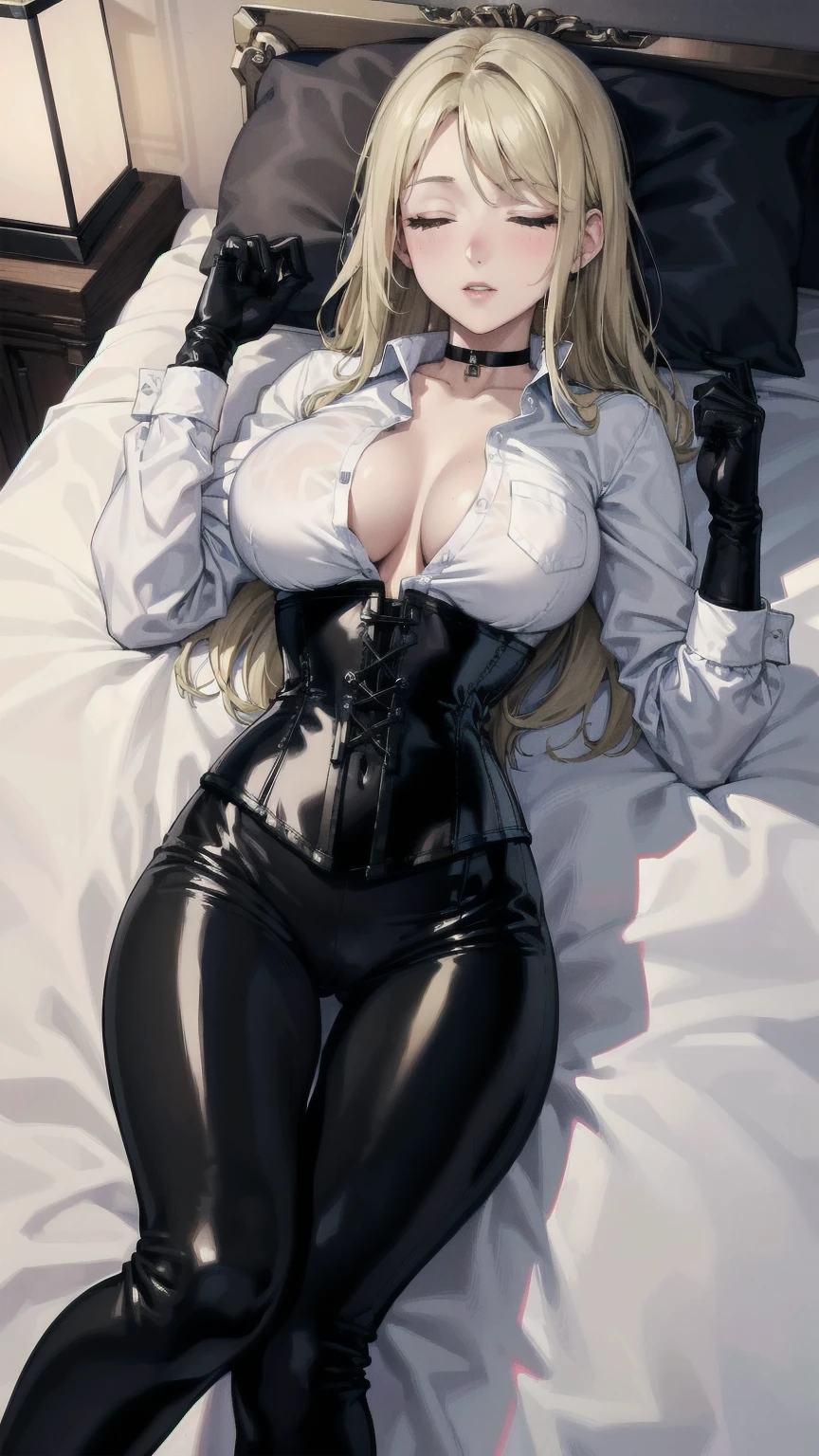 Masterpiece, Superior image quality, high resolution, 4k image,photo and gross, photorealistic, whole body, 1 young girl of , {{{vagina}}}, asleep, lying on a bed, View from above, big breasts, beautiful face, Long blonde hair, Closed eyes, expresión asleep, choker:1.6, (white collar button down long sleeve shirt), black gloves, gloves that cover hands, (black leather corset), (shiny black leggings), Sensual Lips, elegant room, at night