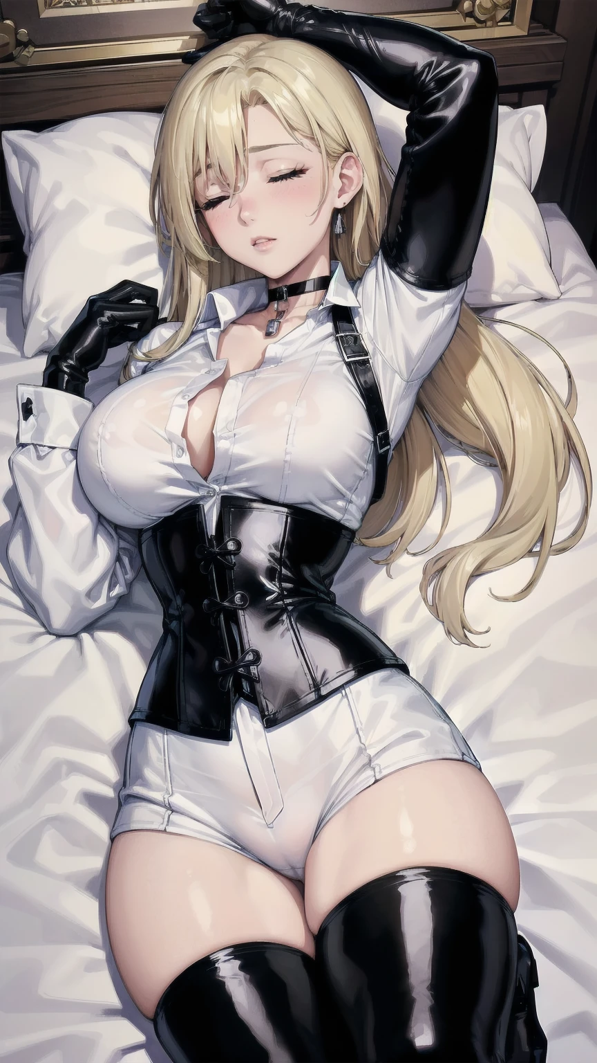 Masterpiece, Superior image quality, high resolution, 4k image,photo and gross, photorealistic, whole body, ung girl of 15 years, {{{vagina}}}, asleep, lying on a bed, View from above, big breasts, beautiful face, Long blonde hair, Closed eyes, expresión asleep, choker:1.6, (white collar button down long sleeve shirt), black gloves, gloves that cover hands, (black leather corset), (shiny black leggings), Sensual Lips, elegant room, at night
