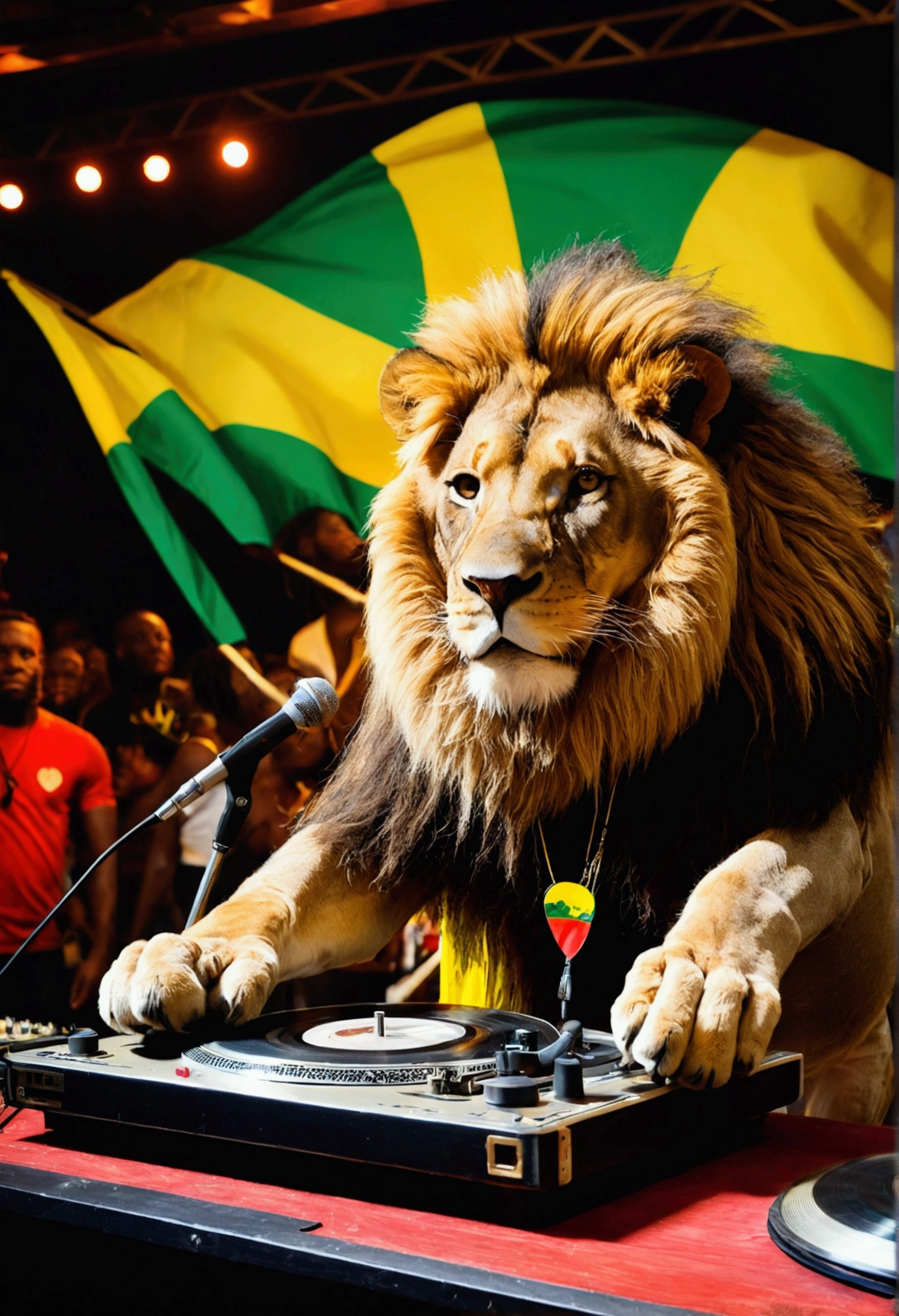 a lion DJ, on stage with record player, crowd, Leisure lights, night club with Jamaican flags with name written Peace And Love in the background