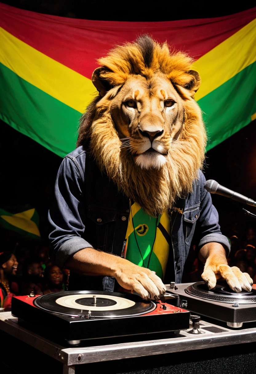 a lion DJ, on stage with record player, crowd, Leisure lights, night club with Jamaican flags with name written Peace And Love in the background