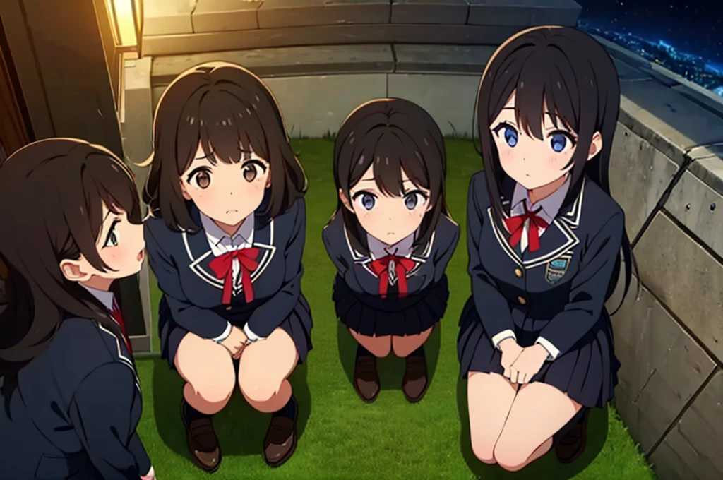 (Three women looking up:1.5) ,Dark Brown Hair,Black Hair,(Nose Brush:1.7) ,Surprised,Open your mouth,(school uniform),(Panties in full view:1.7),(Extremely high quality),(mini skirt),nature,Shiny legs, Thighs,Cute face,(Looking up from below),tall,night,Street lamp,squat,shrine,Forest
