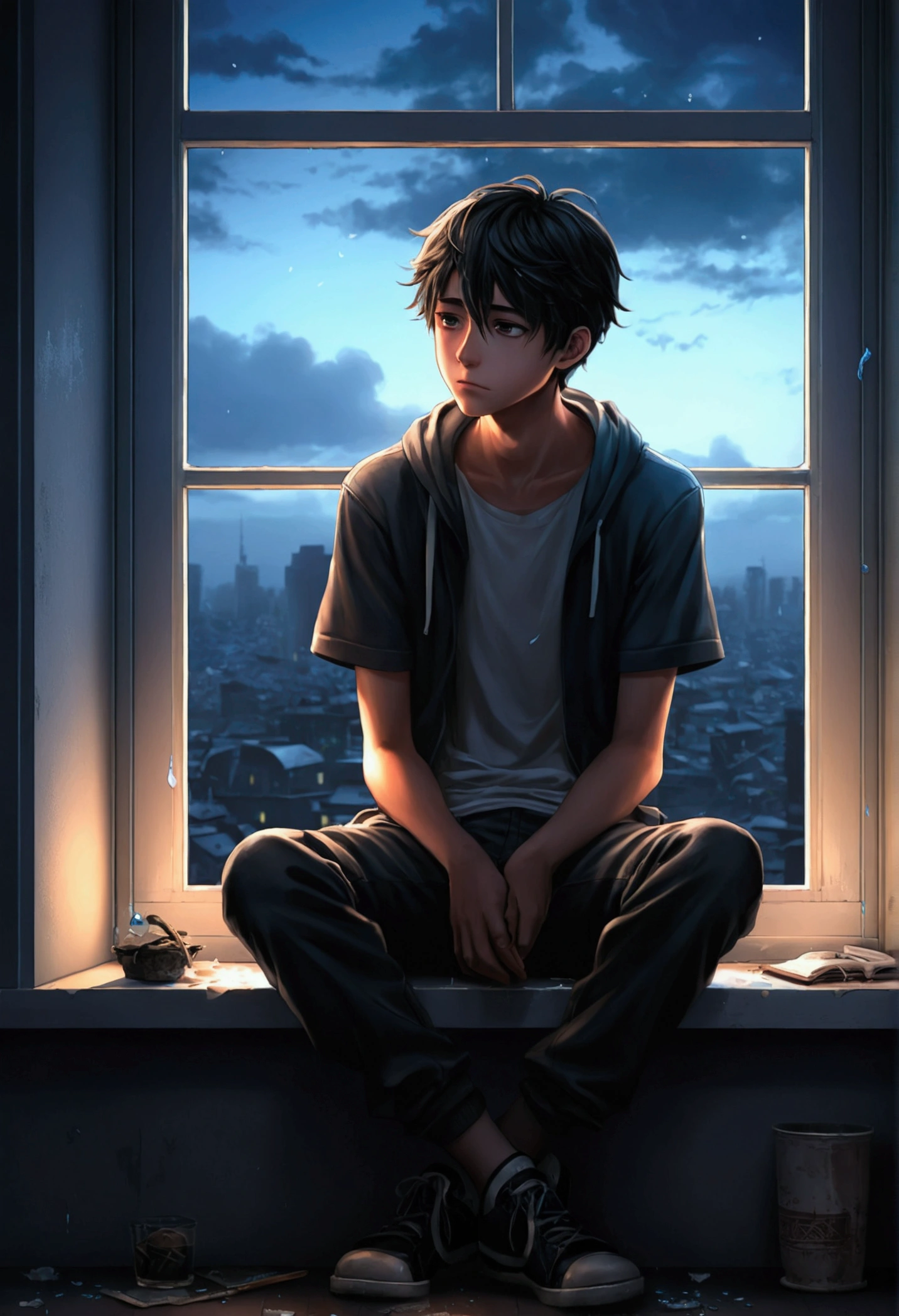 a 18 year boy sitting on top of a window sill, an anime drawinG a boy with tears,cgsociety, sots art, anime aesthetic, anime, official art, dipression boy dark background 