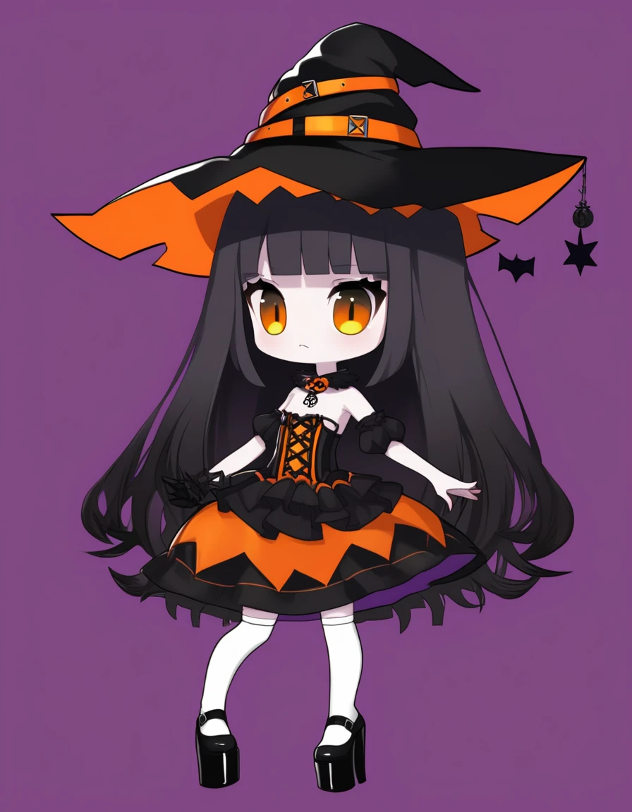 Cute girl, bright orange and dark black, white thigh-high socks, platform heels, gothic style, , small bust, witch, simple background