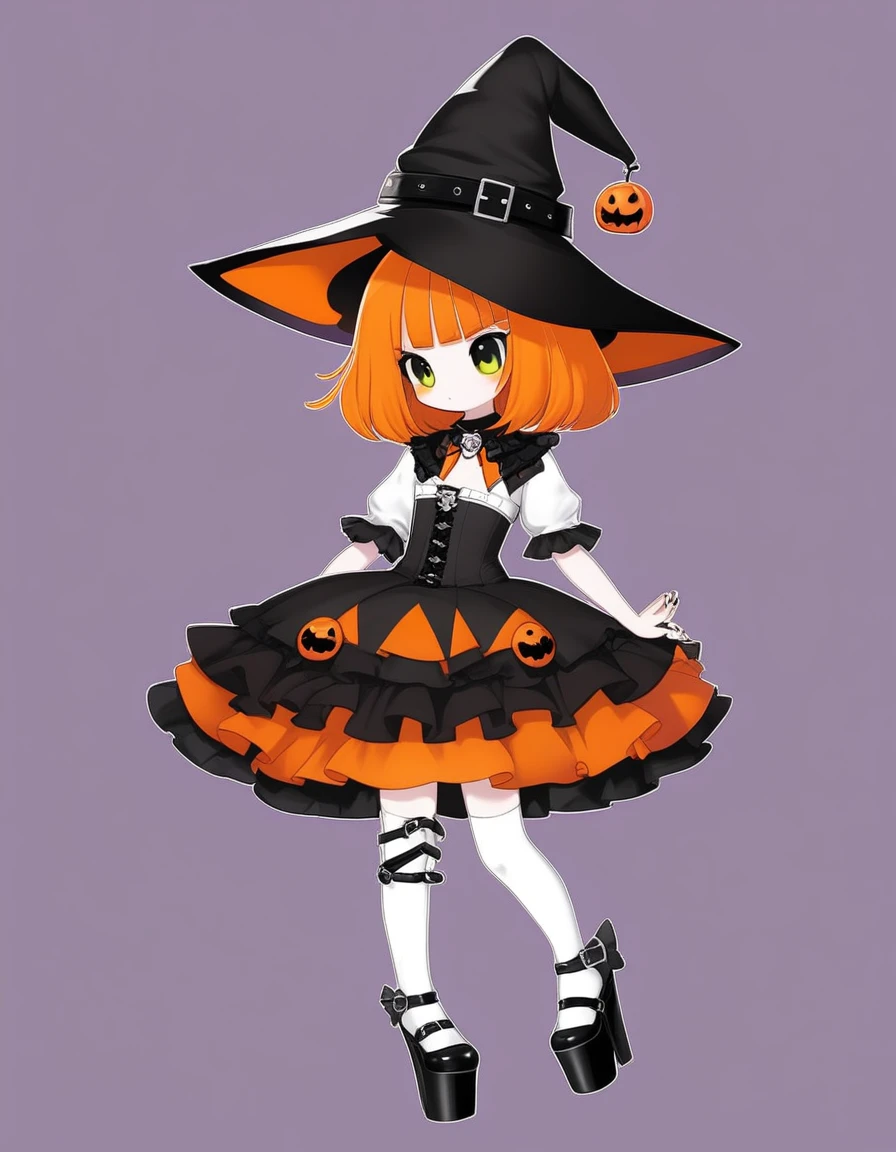 Cute girl, bright orange and dark black, white thigh-high socks, platform heels, gothic style, , small bust, witch, simple background