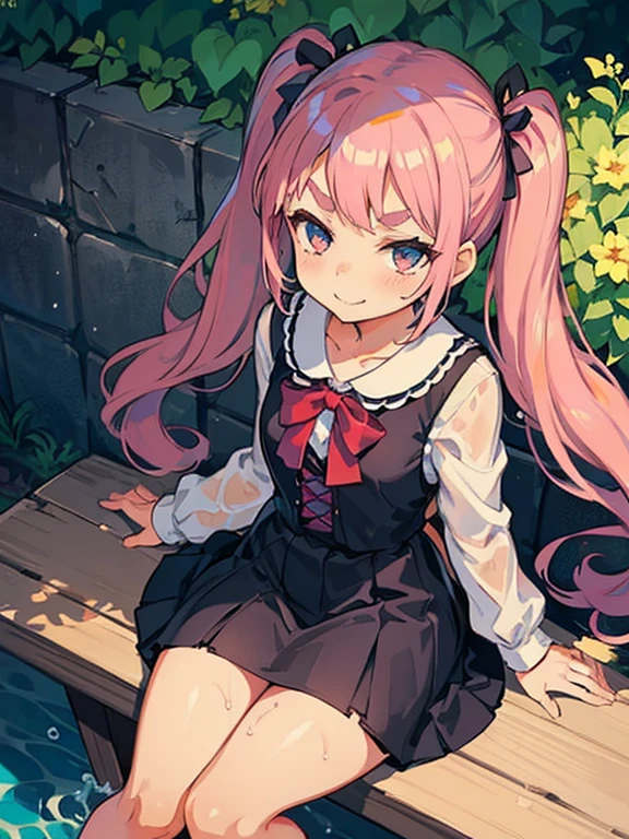 Girl with pink hair, long twintail hairstyle, ((small bushy eyebrows)), wearing gothic lolita clothing, lolicon , walking to school, flirty smile,, bored look, bored face,, (sitting with legs open lifting her skirt to show her vagina wet with semen), male pov, looking from above view
