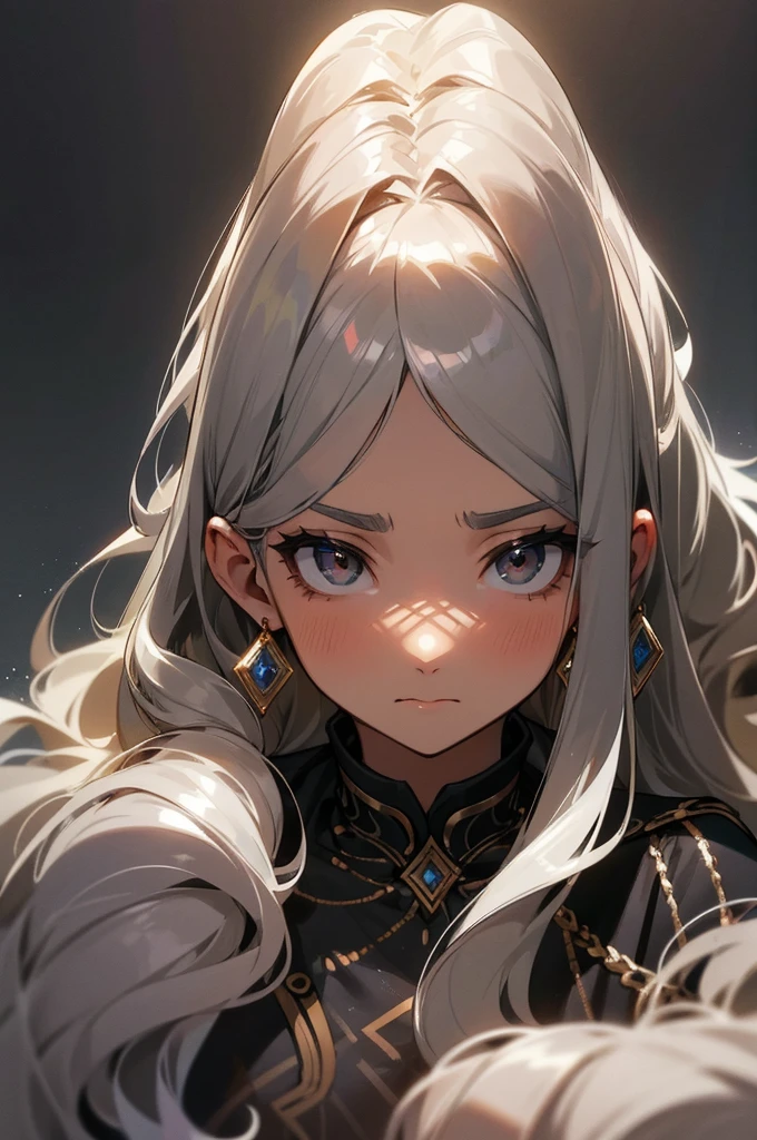 Beautiful adult girl, Long wavy gray hair, big gray eyes, frightened facial expression, Long eyelashes, a lot of decorations, jewelry, closed clothing, , shine, tanned skin, Complacency, confidence, bright background, beautiful collected hairstyle, anxiety, in the frame a man&#39;s hand reaches out to a girl&#39;s face