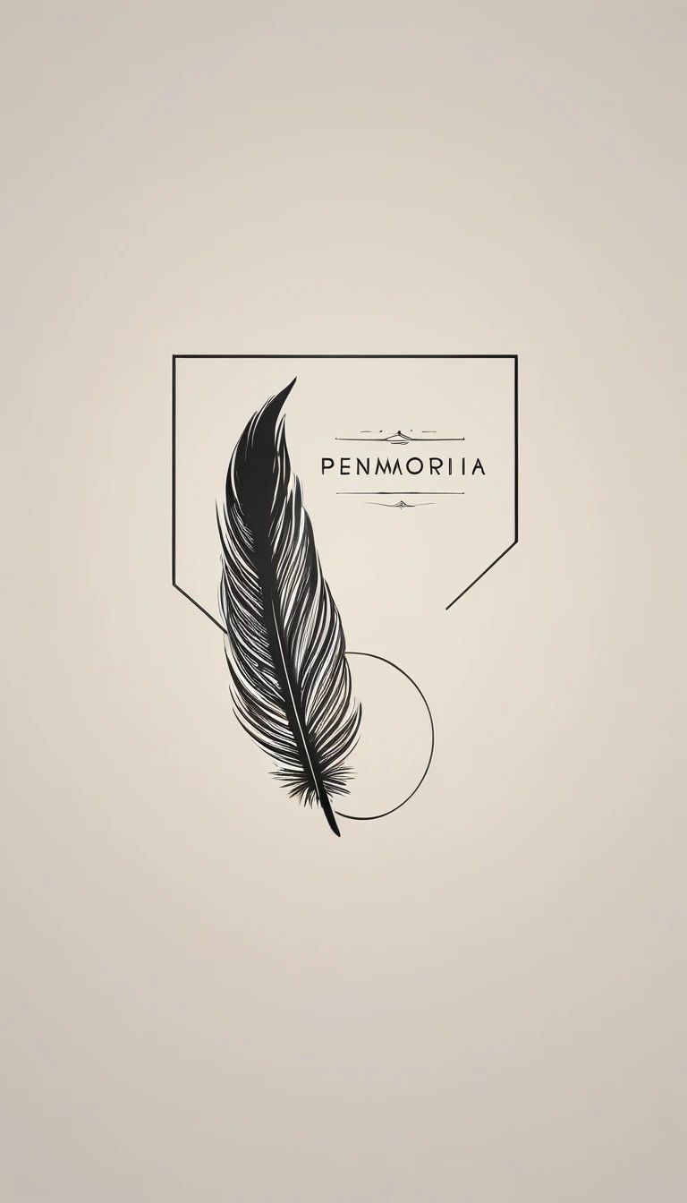 A minimal, modern, simple, cinematic logotype for the brand “Penamemoria". The logotype must be a simple, magical feather. The logo must convey a sense of music, stories and dreams. Logo design impressed on a book cover. Minimalistic logo

