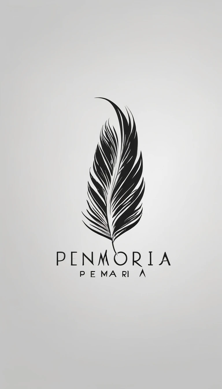 A minimal, modern, simple, cinematic logotype for the brand “Penamemoria". The logotype must be a simple, magical feather. The logo must convey a sense of music, stories and dreams. Logo design impressed on a book cover. Minimalistic logo