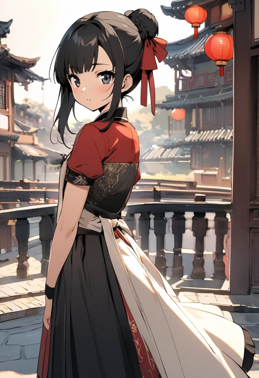 Period drama manga style A 15-year-old super beautiful Chinese girl with black hair in a bun cut She's lying on a Chinese floral bed with her arms outstretched Wearing a long-sleeved Chinese dress for royalty, she cries as a tentacle penis for excretion is thrust into her pussy