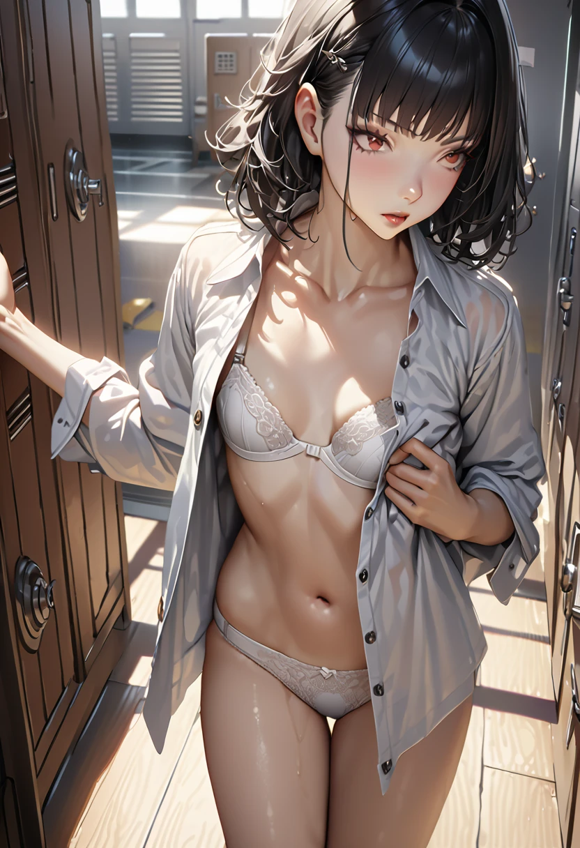 (((masterpiece) (((((Highest quality))))((high resolution))))), Very detailed, Ultra-realistic, )、、lockerルーム、Open shirt、White Bra、White panties、Black Hair、Small breasts、locker