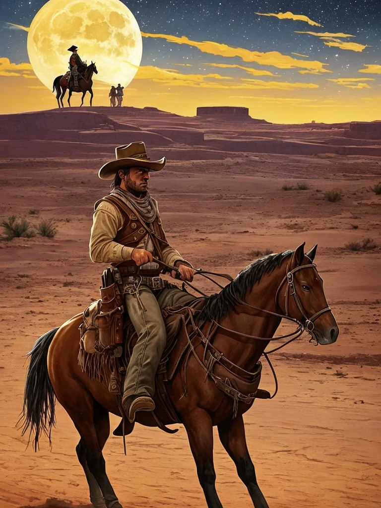cowboy on horse in desert with full moon in background, space western, red dead redemption art style, the cowboy in the weird west, cowboy, western comic book art, western comic art, by Carlos Berlanga, in the old west, western painting, western art, jesse mccree, old west, inspired western comic, an epic western, cowboy dream