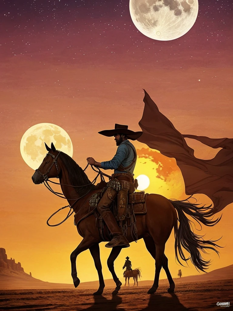 cowboy on horse in desert with full moon in background, space western, red dead redemption art style, the cowboy in the weird west, cowboy, western comic book art, western comic art, by Carlos Berlanga, in the old west, western painting, western art, jesse mccree, old west, inspired western comic, an epic western, cowboy dream