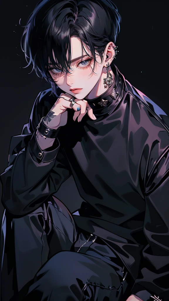 (4K works))、masterpiece、(top-quality)、((Black cityscape background))、Indonesian Male、Adult male、((Adult 30 years old))、((Adult uncle type))、((Leather Jeans Style))、Cool Men、tall、((Wild features))、((Wild look))、((angry expressions))、((Long sleeve long trouser style))、((Diamond face))、((Thin Almond eyes))、Slim body、(((short gradiend green blue sea haired)))、((Shot alone))、((Solo Photography))、Professional Photos、((He is in front of the viewer))、((Monochrome photography))、((Upper body photography))、((Wear a lot of piercings))、((Piercing on the lips))、((Tongue piercing))、((Icon Photo))、((Sick Boyine Boys))、((sassy pose))