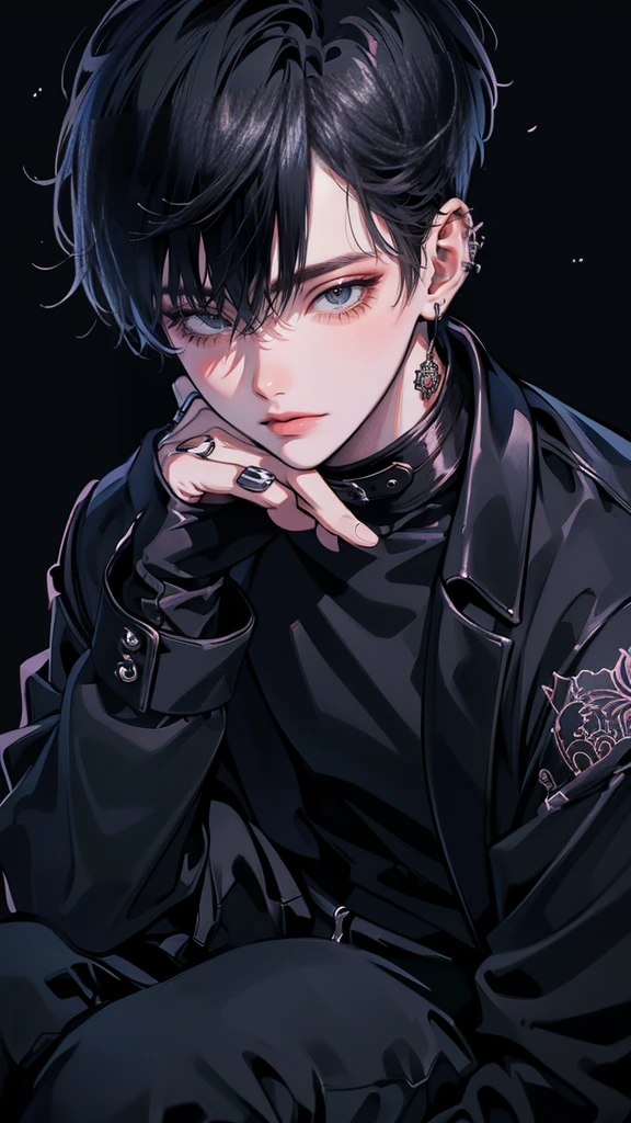 (4K works))、masterpiece、(top-quality)、((Black cityscape background))、Korean Male、Adult male、((Adult 50 years old))、((Adult uncle type))、((Leather Jeans Style))、((Face similar to Hyunjin))、Cool Men、tall、((Wild features))、((Wild look))、((angry expressions))、((Long sleeve long trouser style))、((Smaller face))、Slim body、(((short-haired)))、((Shot alone))、((Solo Photography))、Professional Photos、((He is in front of the viewer))、((Upper body photography))、((Wear a lot of piercings))、((Piercing on the lips))、((Tongue piercing))、((Sick Boyine Boys))、((Lots of tattooine photo))、((sassy pose))