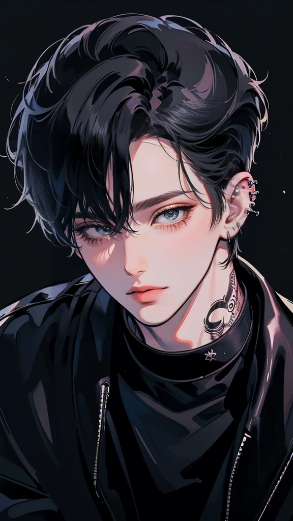 (4K works))、masterpiece、(top-quality)、((Black cityscape background))、Korean Male、Adult male、((Adult 50 years old))、((Adult uncle type))、((Leather Jeans Style))、((Face similar to Hyunjin))、Cool Men、tall、((Wild features))、((Wild look))、((angry expressions))、((Long sleeve long trouser style))、((Smaller face))、Slim body、(((short-haired)))、((Shot alone))、((Solo Photography))、Professional Photos、((He is in front of the viewer))、((Upper body photography))、((Wear a lot of piercings))、((Piercing on the lips))、((Tongue piercing))、((Sick Boyine Boys))、((Lots of tattooine photo))、((sassy pose))