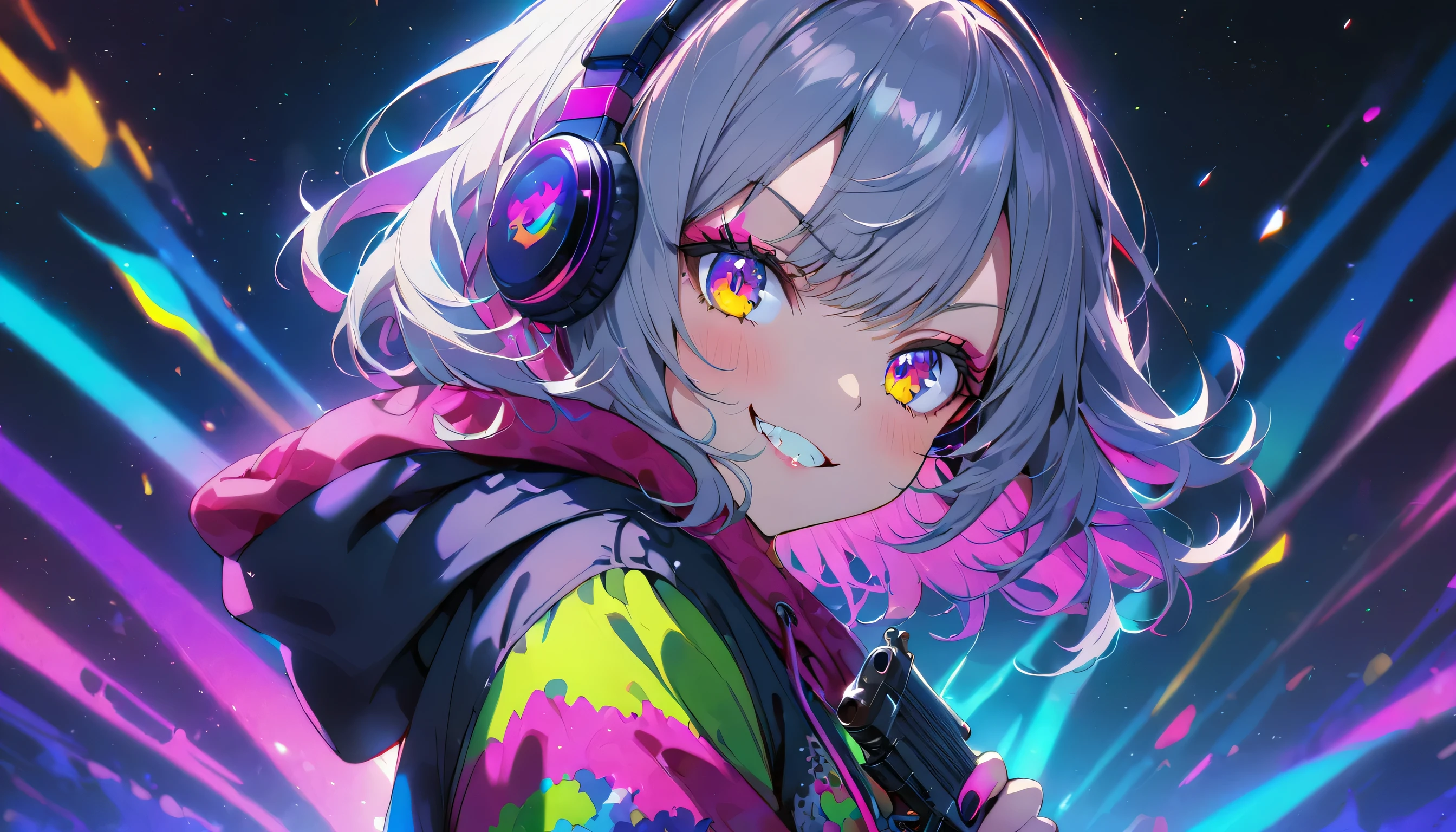 ((Masterpiece)), ((best quality)), (Anime:1.3), (super detail:1.2), (High Definition:1.3), (Professional Photography:1.3), cute young Girl, Glossy unruly hair, (loose swept bangs), (silver ash hair), medium hair, big eyes, (Eye bags:1.3), (Long eyelashes), colorful eyes, (evil smile and blush), Glossy lips, (jagged teeth), ((Camouflage hoodie with oversized)), holding a handgun, barearms, cute, neon lit, starry night, (upper body:1.3), (colorful:1.3), gothic makeup, wearing headphones, pointing a handgun, (from side),