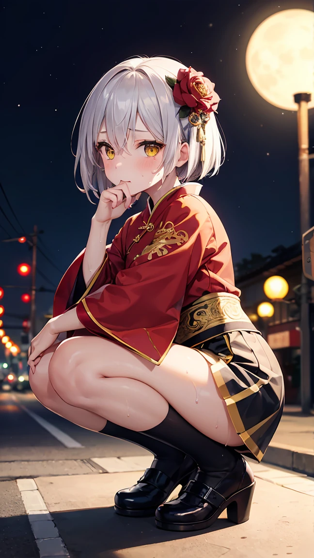 Young girl 14 years old, short silver bob hair, hair flower, sharp bangs between the eyes, yellow  eyes, eyes large, traditional chinese imperial clothes black with gold details, red skirt, black thigh high socks. lateral view, fully body, crouched on the street of a Japanese city, at night, with full moon in the background, light reflecting on the sexy and sweaty body. (((sweat)))