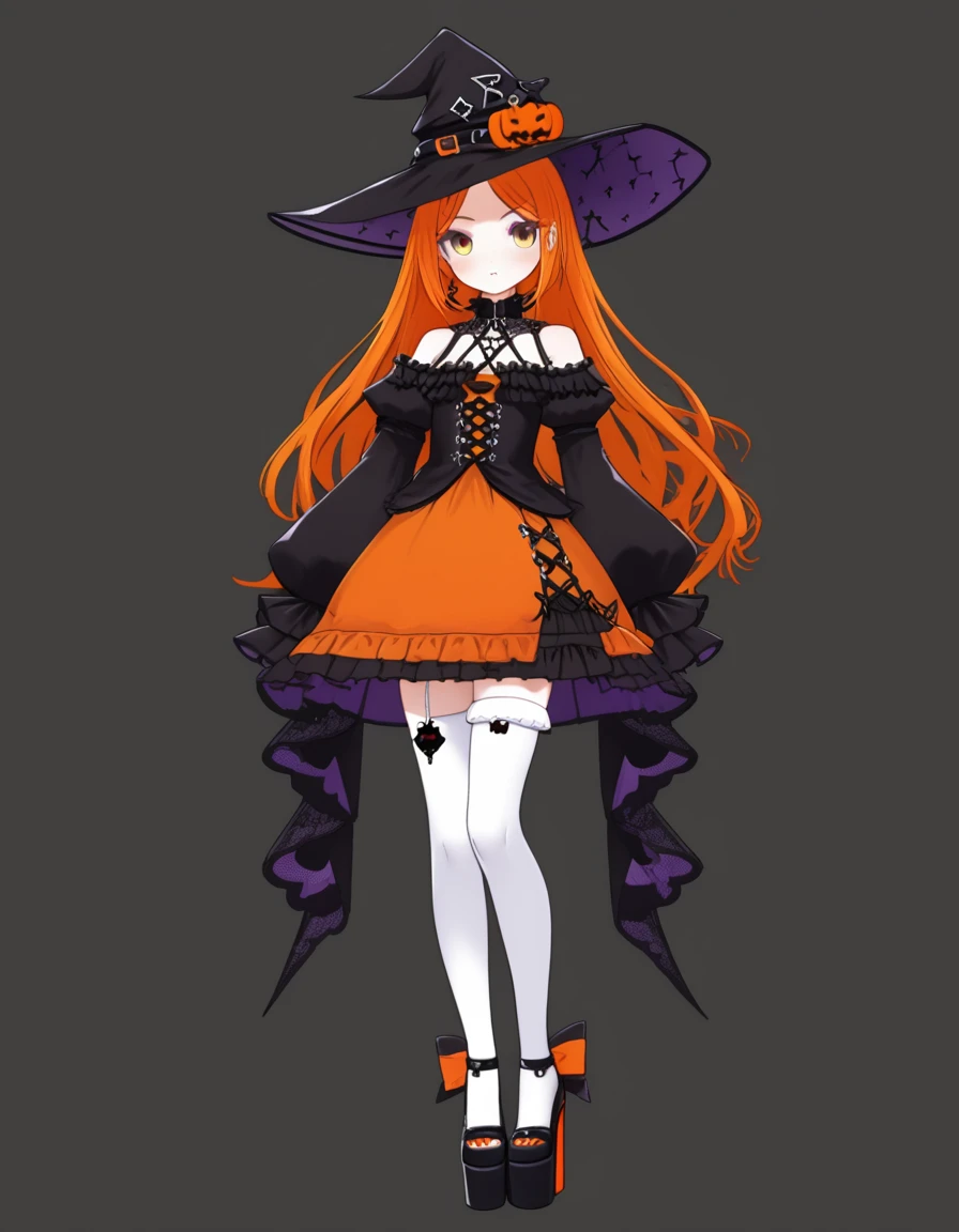 Cute girl, bright orange and dark black, white thigh-high socks, platform heels, gothic style, , small bust, witch, simple background