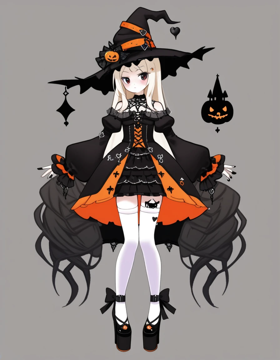 Cute girl, bright orange and dark black, white thigh-high socks, platform heels, gothic style, , small bust, witch, simple background